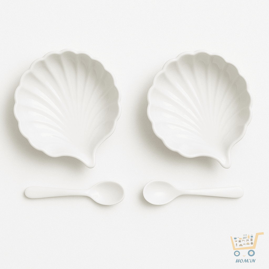 Lot de 2 coupelles à sauce en forme de coquillage et cuillères