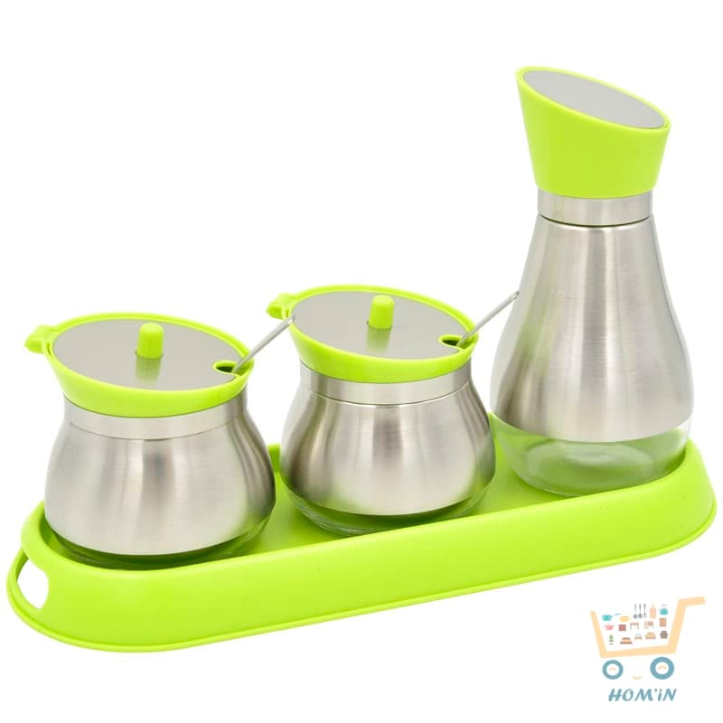 Set Huilier Vinaigrier Salière Poivrière 4 Pièces – Inox & Vert Design Moderne