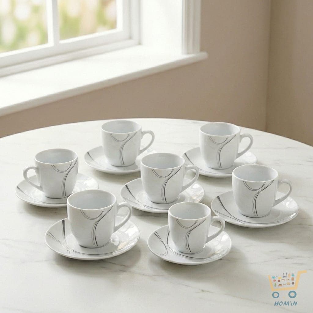 Lot de 6 Tasses et Sous-tasses en Céramique - Motif Design Moderne Gris et Blanc